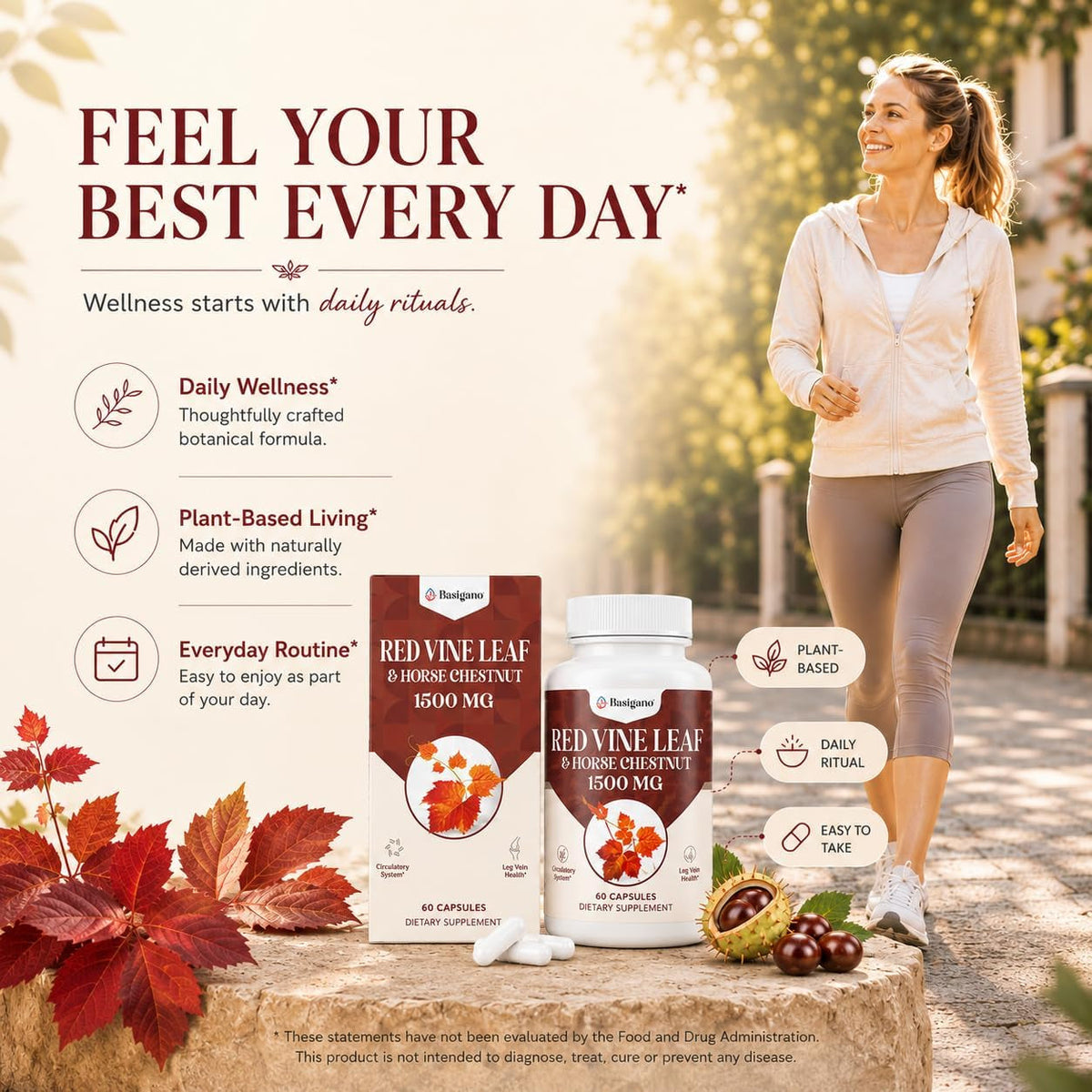 Red Vine Leaf & Horse Chestnut Extract Capsule Supplements (Vitis Vinifera) 1500Mg -Premium Extract for Healthy Veins, Circulation, Heart, Skin (1 Pack)