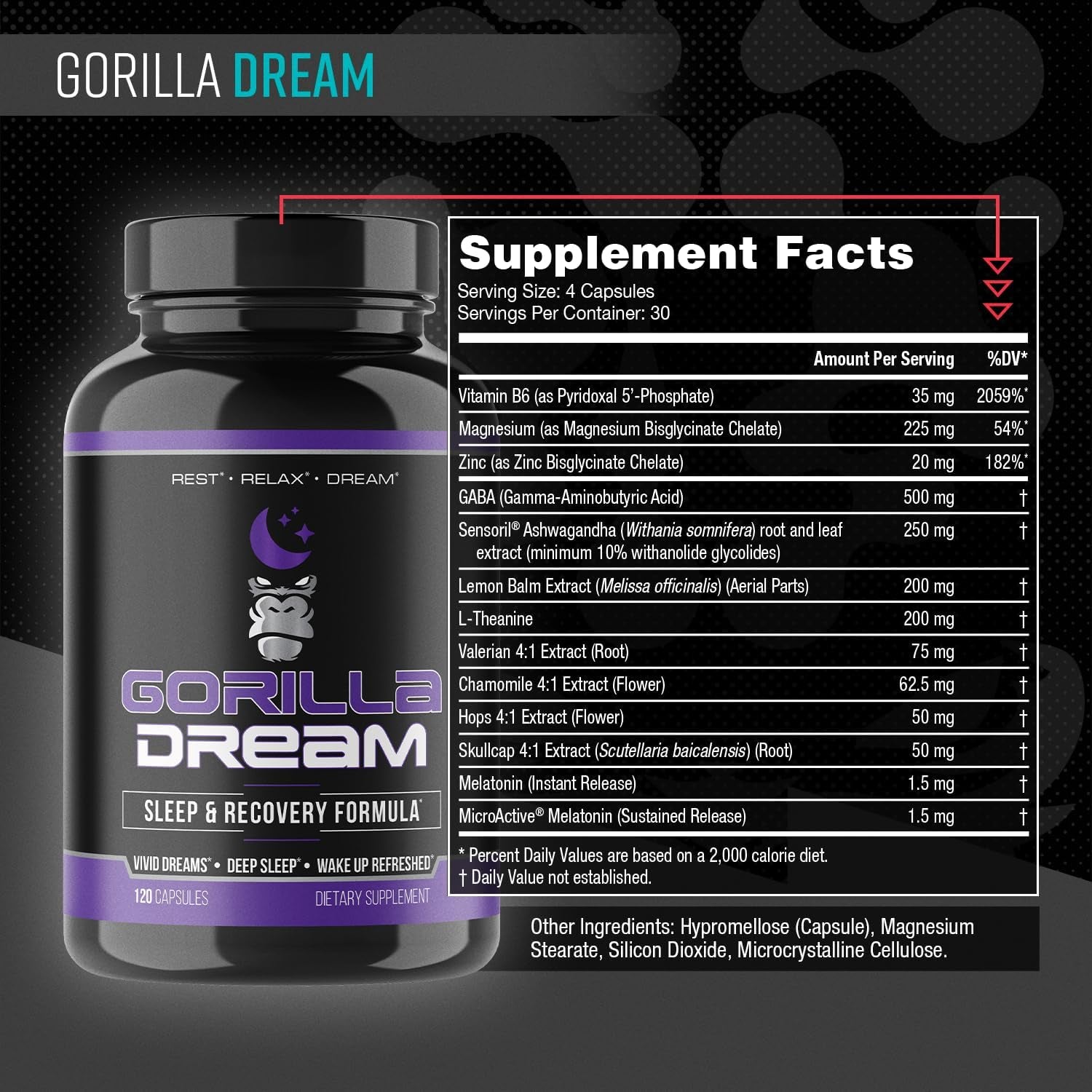 Gorilla Mind Dream Sleep Supplement (120 Capsules) - Nootropic Infused Comprehensive Sleep & Recovery Supplement - GABA, Melatonin, Valerian Root, Magnesium, L-Theanine, Sensoril, Ashwagandha & More