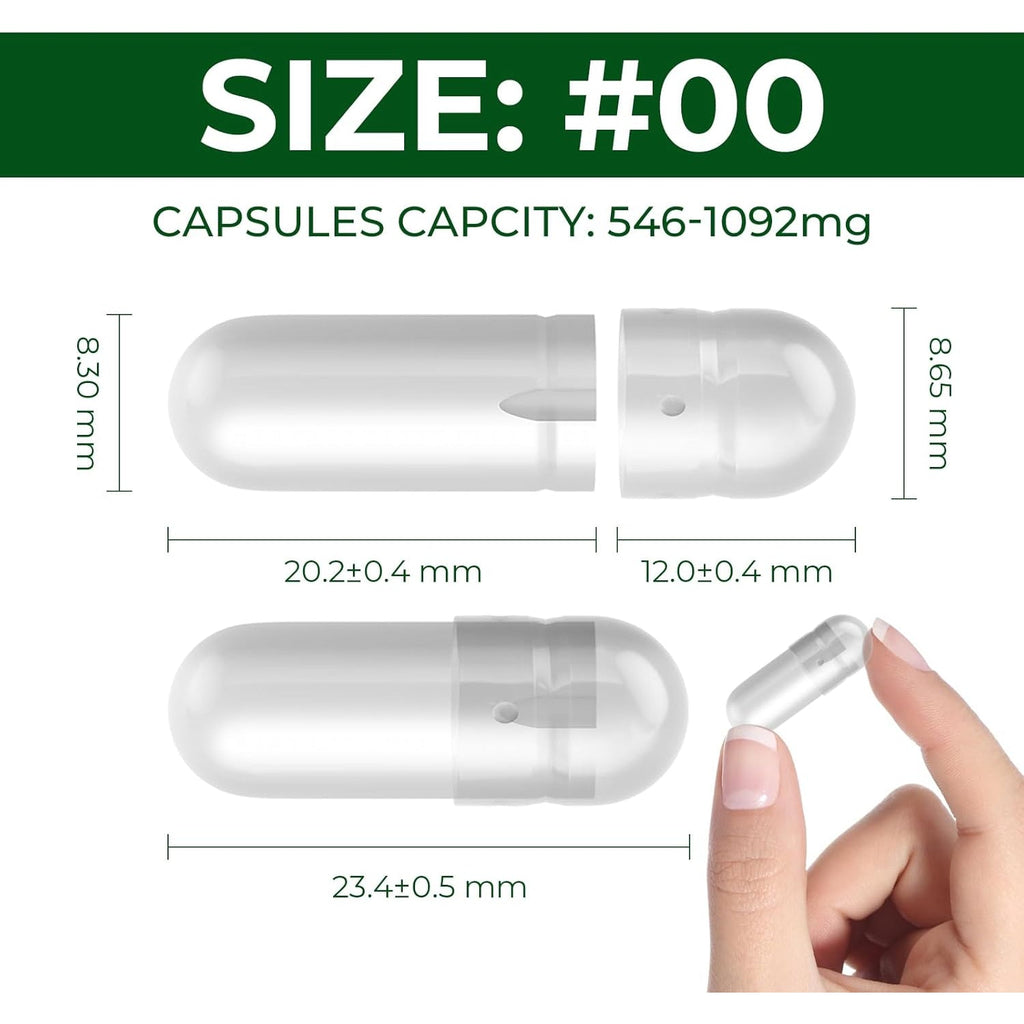 Empty Capsules Size 00 Separated Vegan Pill Caps Plant Based Clear (1,000 Caps+1,000 Bodies) Gluten Free, Non-Gmo, Halal Certified Filling Kit for Vegetarian DIY Your Own Supplements