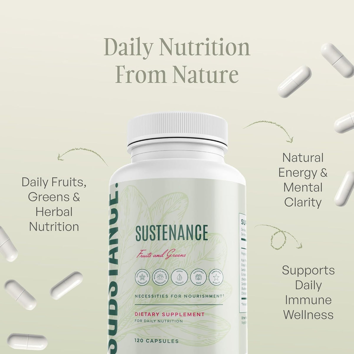 SUBSTANCE. - Nature'S Sustenance Daily Greens, Daily Fruit and Veggies Supplement - Enhance Energy, Mental Clarity - Fruits and Vegetables Supplements - US Made, Vegan-Friendly - 30 Servings.
