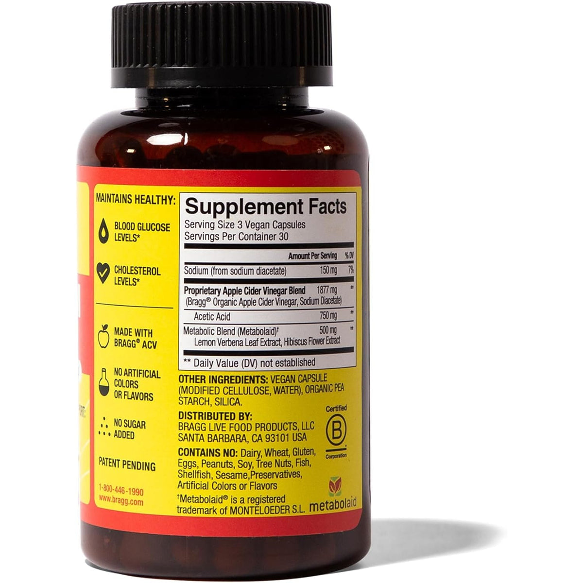 Bragg Metabolism Support Apple Cider Vinegar Capsules with Botanical Blend - 90 Capsules - Increased GLP-1 Support for Weight Management, Appetite Control, and Fullness
