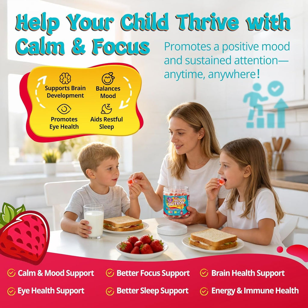 Duwhot Saffron for Kids Gummies Sugar Free, Saffron Magnesium Supplement W/Holy Basil, Rosemary, Omega-3 & Vitamins for Happy Kids, Brain, Energy & Vision Support, Vegan, Organic, 60 Chewables