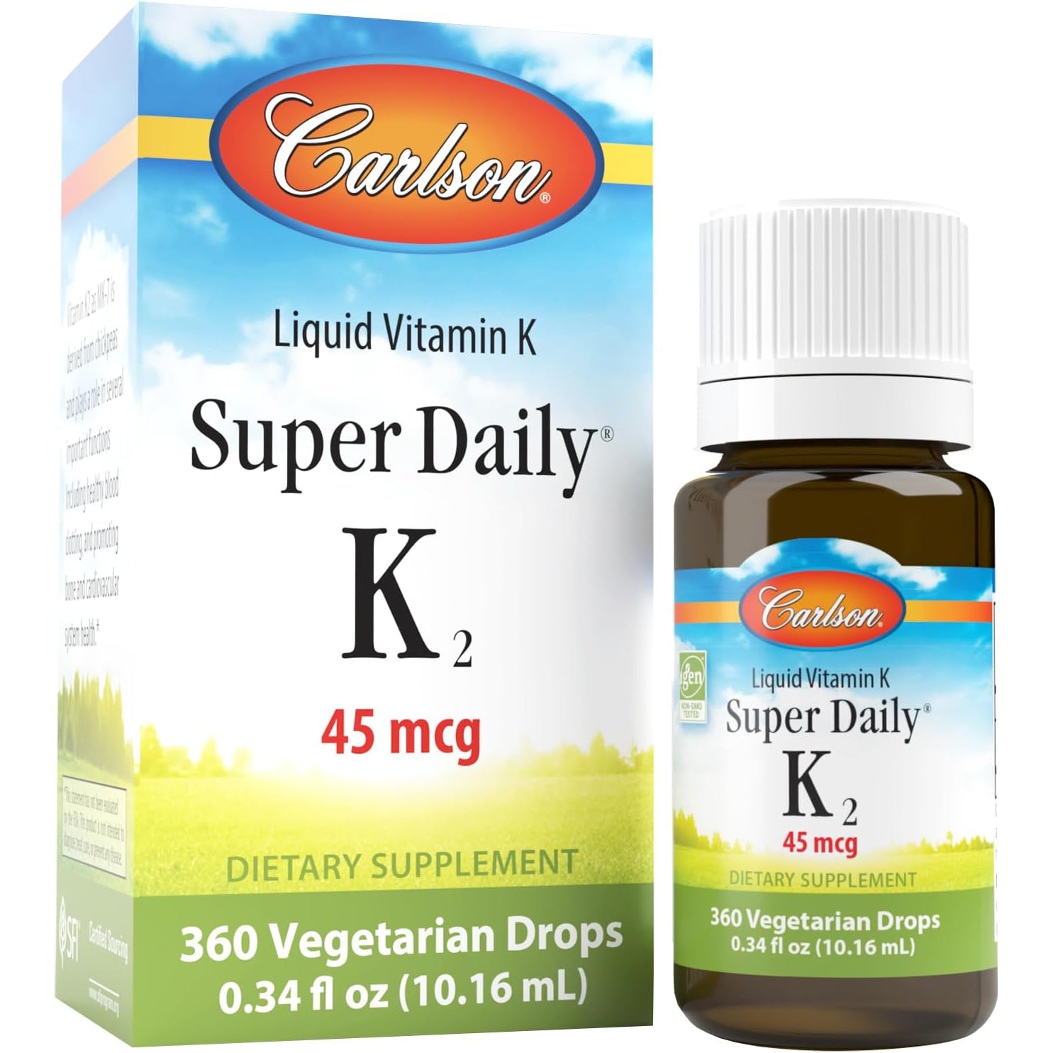 Carlson - Super Daily K2, 45 Mcg Liquid Vitamin K, Bone Health, K2 Vitamin, Vitamin K Supplement, Vitamin K-2 MK7, Unflavored, 360 Drops (10.16 Ml)