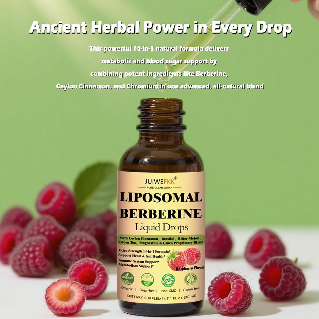 Liposomal Berberine Liquid Drops, 14-In-1 Berberine HCL with Ceylon Cinnamon Chromium Picolinate Magnesium Bitter Melon Milk Thistles | Organic Berberine Complex for Blood Sugar Liver Heart Metabolic