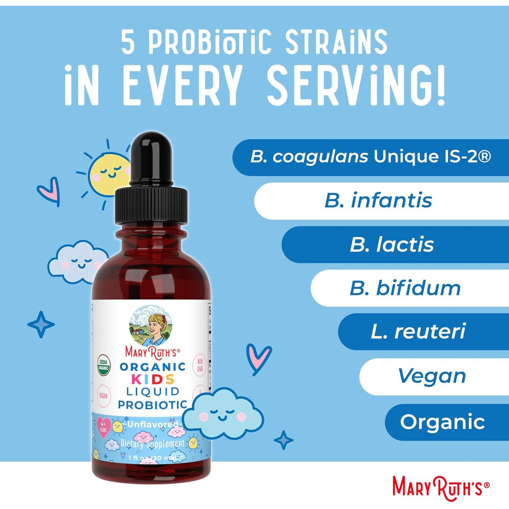 MARYRUTH'S Organics Kids Probiotic Liquid Drops | USDA Organic Probiotics for Digestive Health | Ages 4+ Gut Health & Immune Support Supplement | Overall Health | Vegan | Non-Gmo | 1 Fl Oz