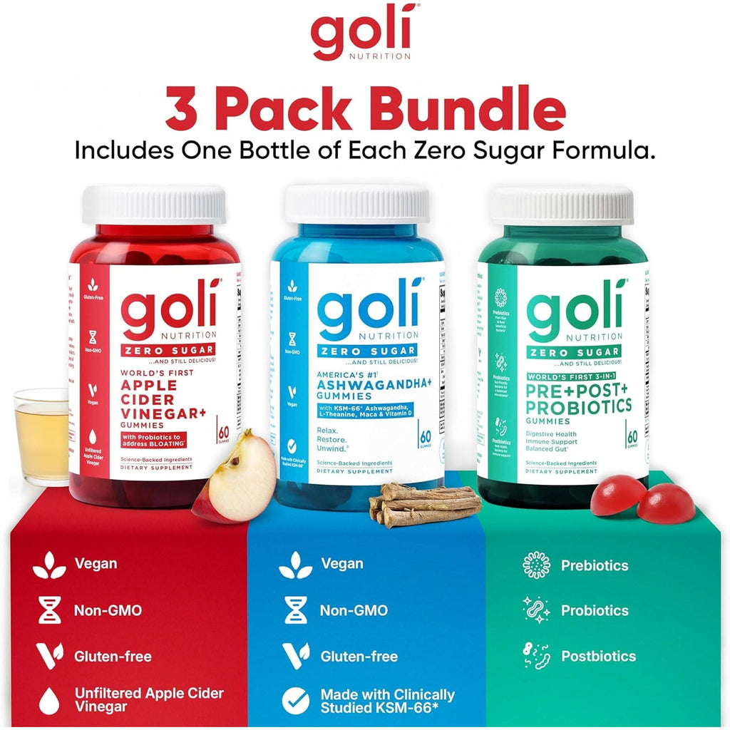 Goli Zero Sugar Trio - World'S First 3-In-1 Pre, Post, Probiotic, Apple Cider Vinegar with Vitamin B12 and Probiotics, Ashwagandha & L-Theanine, Vitamin D Gummies, 90 Count (3-Bottle Set)