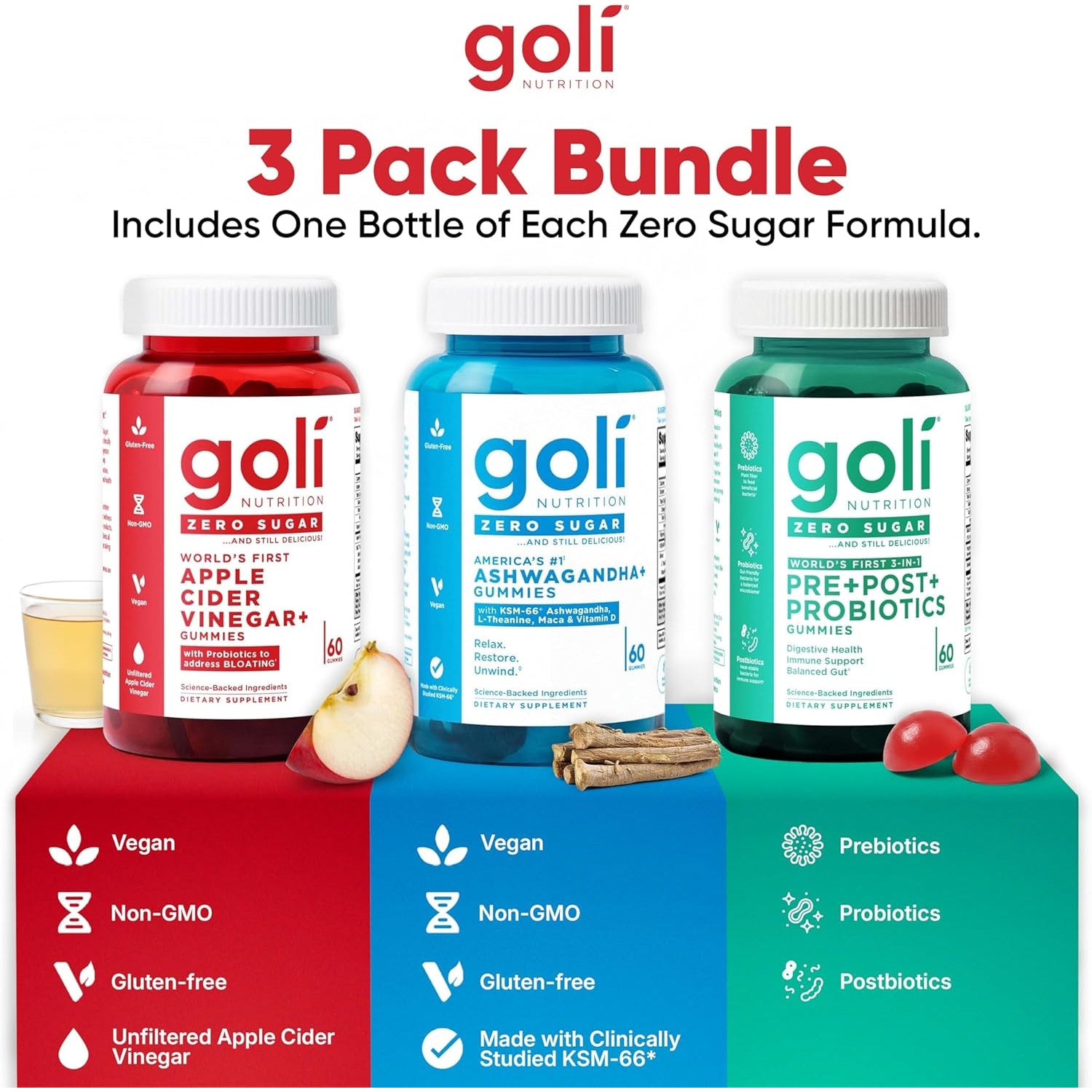 Goli Zero Sugar Trio - World'S First 3-In-1 Pre, Post, Probiotic, Apple Cider Vinegar with Vitamin B12 and Probiotics, Ashwagandha & L-Theanine, Vitamin D Gummies, 90 Count (3-Bottle Set)