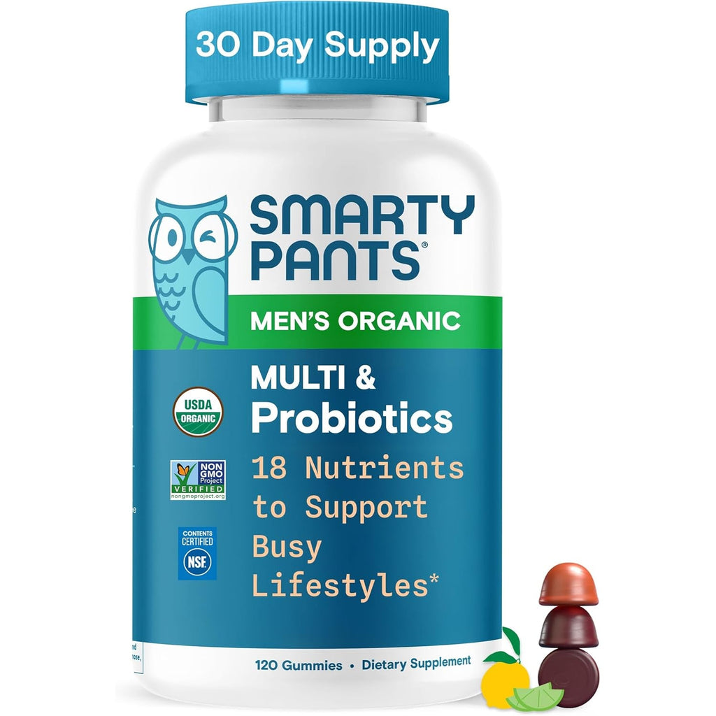 Smartypants Multivitamin for Men, Organic Gummies: Probiotics, Coq10, Methylfolate, Omega 3 (ALA), Vitamin D3, C, Vitamin B12, B6, A, K & Zinc for Immune Support, Biotin, 120 Gummies (30 Day Supply)