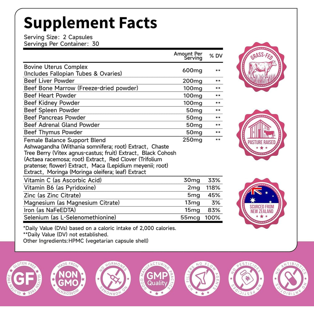 Beef Organ Supplement for Women | 9-Organ Formula with Herbal Support, Liver, Uterus, Ovary, Heart & Kidney for Feminine Balance & Energy | New Zealand Grass-Fed | 60 Capsules