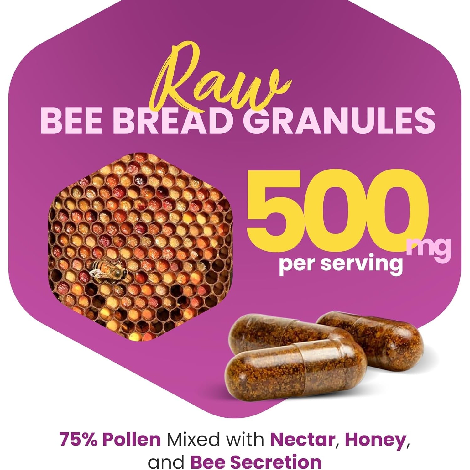 Honeybeezone-Bee Bread Capsules – Nutrient-Rich Superfood for Energy Boost, Immune Support Supplement | Non-Gmo, Gluten-Free, 60 Easy-To-Swallow Veggie Capsules