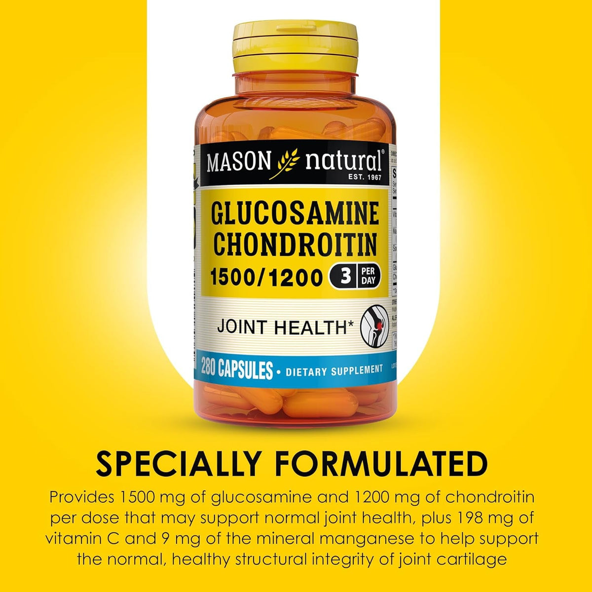 MASON NATURAL Glucosamine Chondroitin 1500/1200 with Vitamin C, Supports Joint Health for Normal Flexibility & Mobility*, 280 Capsules, 3 Month Supply