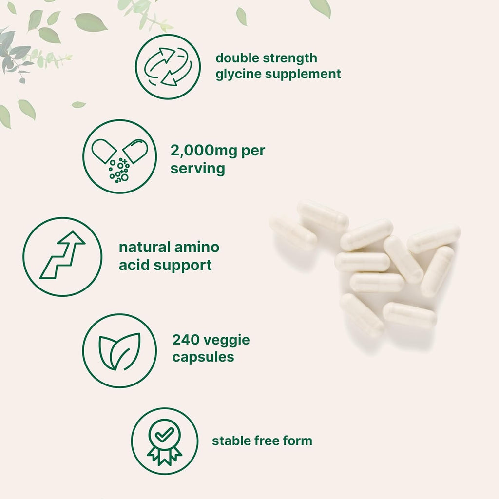 Glycine 2,000Mg per Serving, 240 Veggie Capsules | Free Form | Double Strength Amino Acids | Restful Sleep and Neurotransmitter Support Supplements | Non-Gmo, Gluten Free