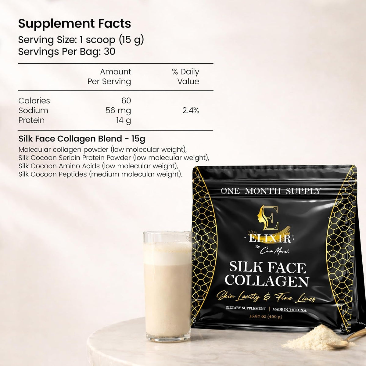 Silk Face Collagen - Collagen Peptides Powder for Women, Face and Neck 14G Protein | Ultra Low Molecular Weight Collagen – for Skin, Hair, Nail, Joint & Gut Health, 15.87 Oz (450G) Cocó March