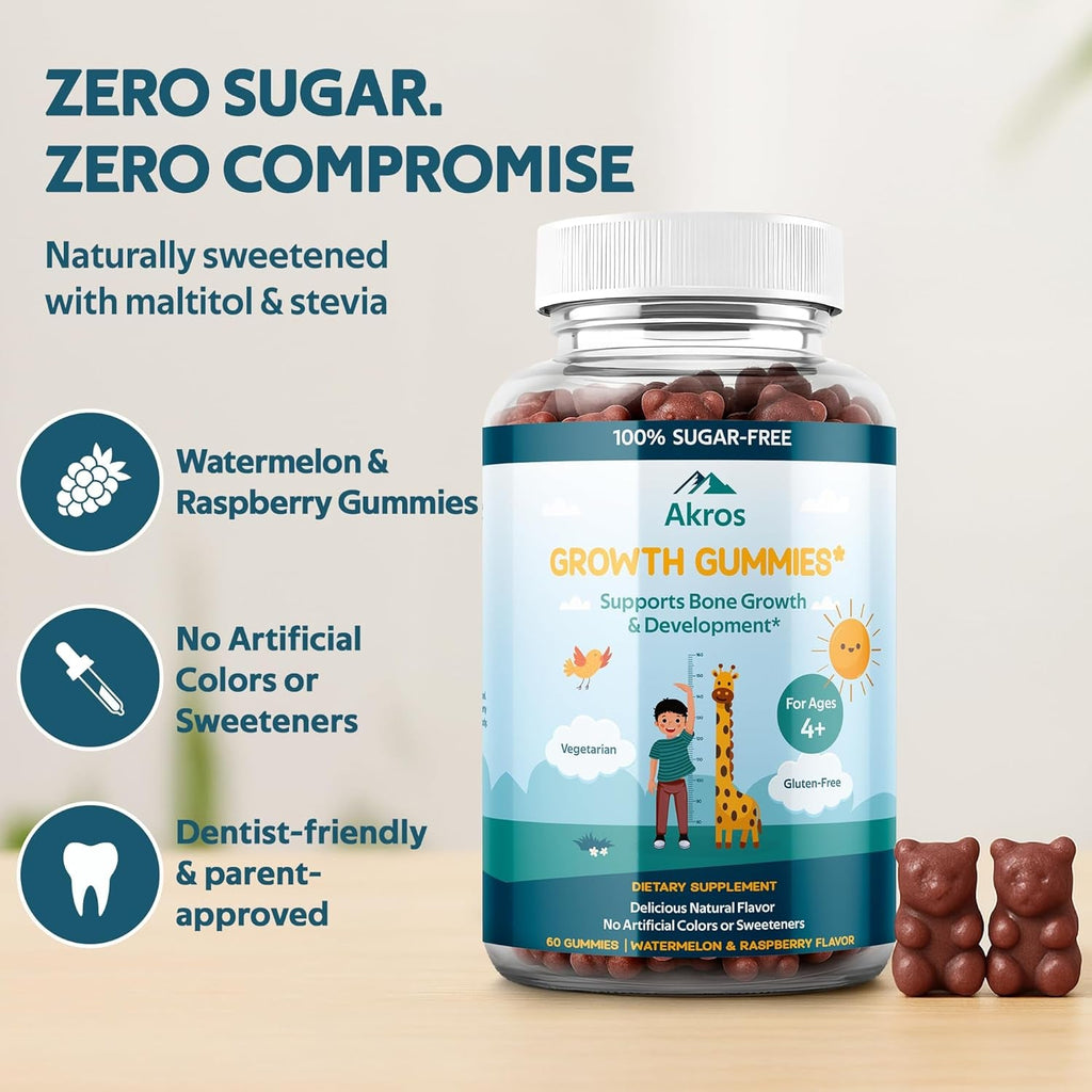 Akros Growth Gummies for Kids & Teens | Sugar-Free Calcium + Vitamin D3 & K2 Gummies - Height & Bone Support | Ashwagandha, Spirulina, L-Arginine | Non-Gmo, Gluten-Free, 60 Raspberry-Watermelon Bears