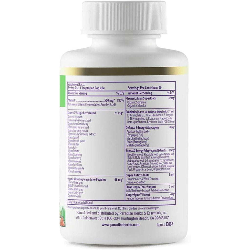 Paradise Herbs Earth'S Blend Vitamin C with Nature'S C and Adaptogens, Superfoods Base of Probiotics & Organic Alkalizing Greens, 90 Vegetarian Capsules