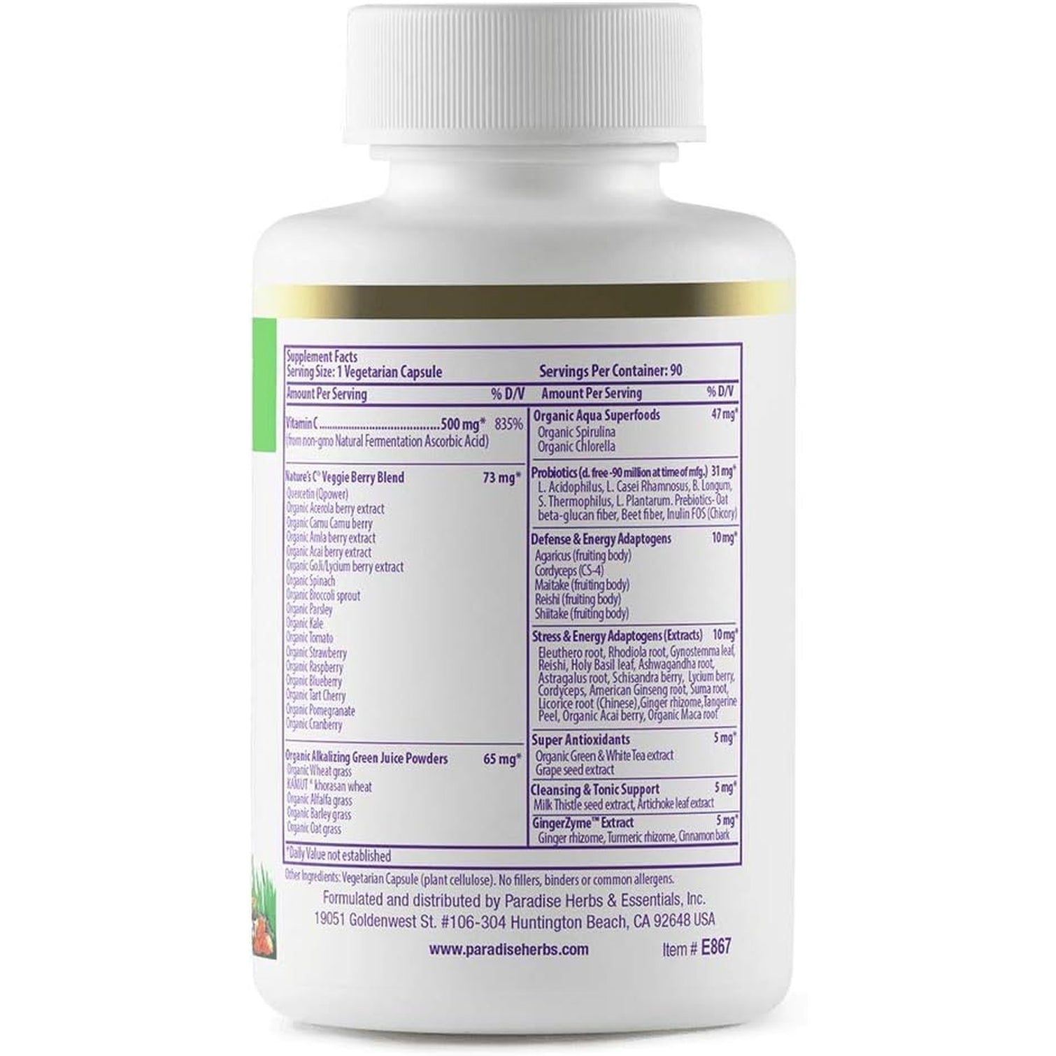 Paradise Herbs Earth'S Blend Vitamin C with Nature'S C and Adaptogens, Superfoods Base of Probiotics & Organic Alkalizing Greens, 90 Vegetarian Capsules
