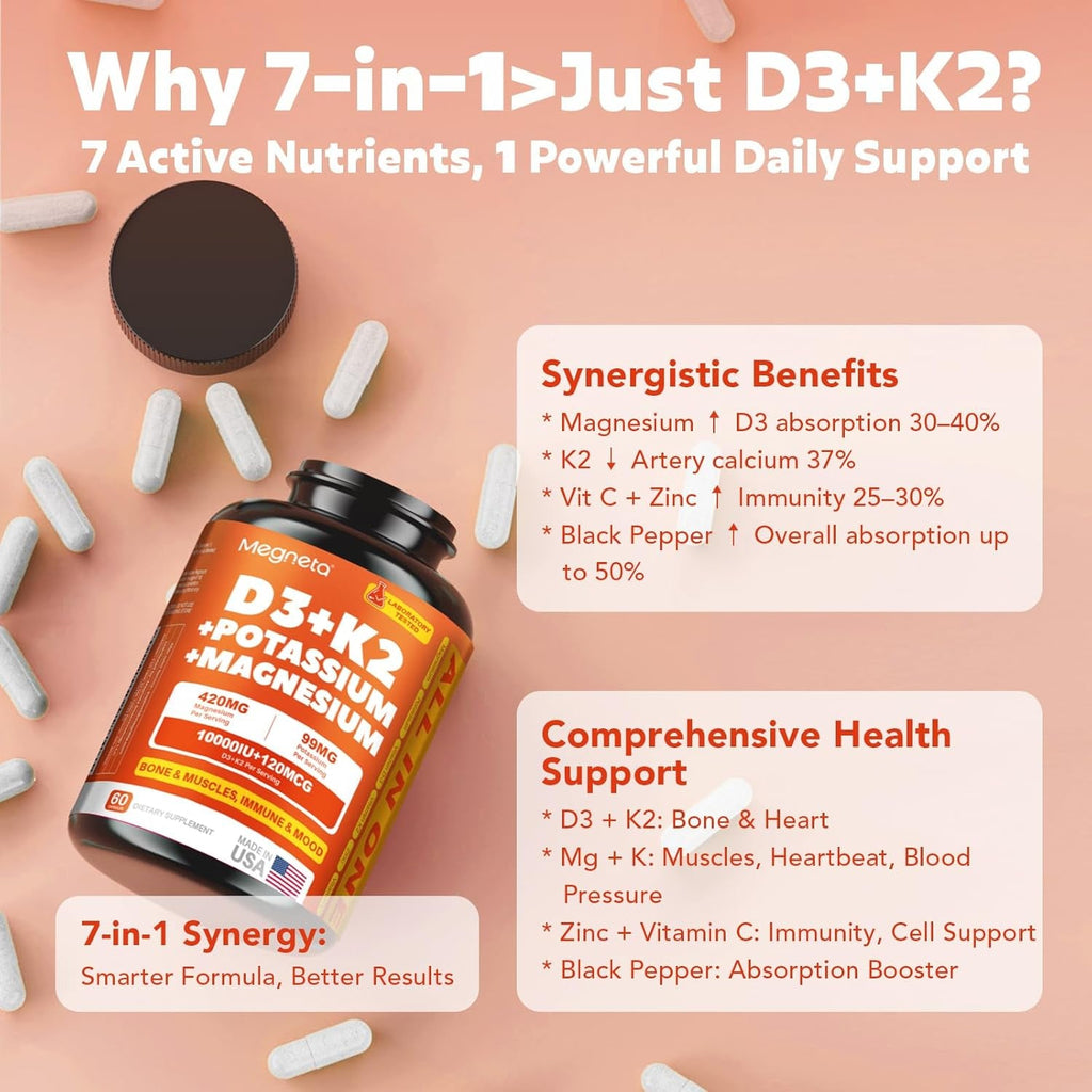 Vitamin D3 K2 (MK-7) 10,000 IU with Magnesium Glycinate & Potassium Supplement - Systemic Complex for Bone, Muscle, Heart, Immune, Energy & Sleep Support – High Absorption, 60 Capsules