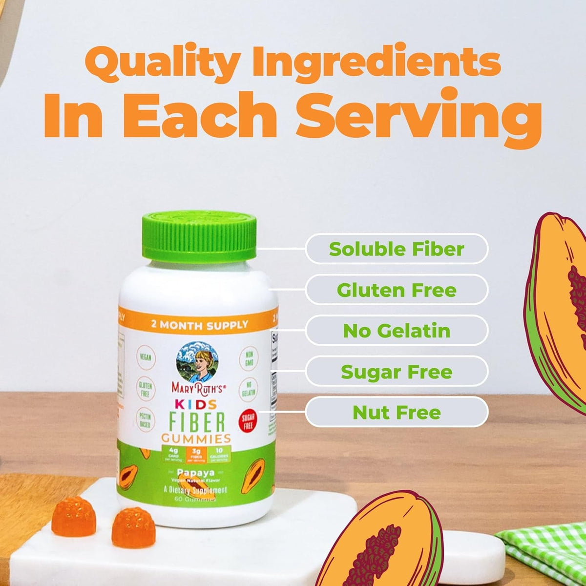 MARYRUTH'S Fiber Gummies for Kids | 2 Month Supply | Sugar Free | Kids Fiber Gummies Ages 4+ | Soluble Fiber Supplement | Gut Health & Digestion Support | 3G Fiber per Gummy | Vegan | 60 Count