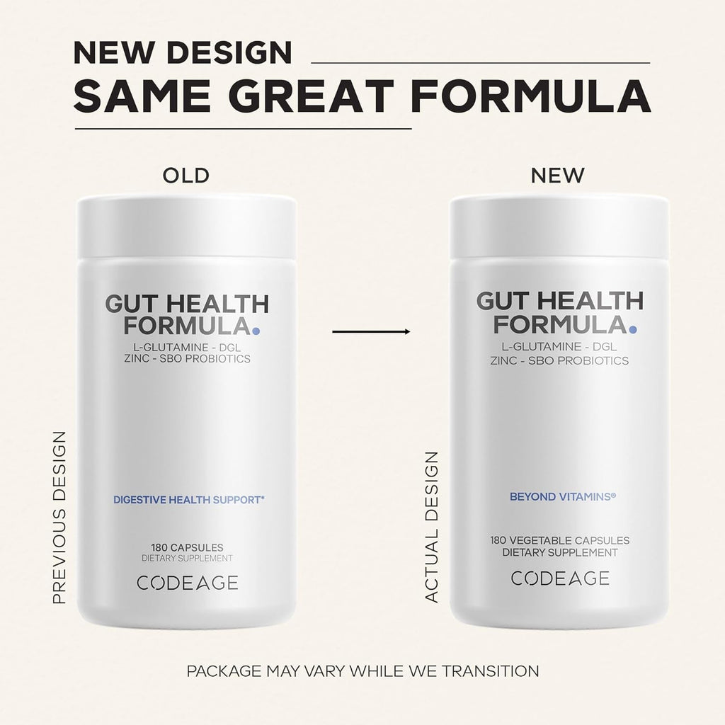 Codeage Gut Health Supplements Vegan Formula - L Glutamine, Zinc, Turkey Tail Mushroom Powder, Tonic Mushroom, Maitake, Micro Algae, Mineral, Licorice Root DGL - Probiotics, Prebiotics - 180 Capsules