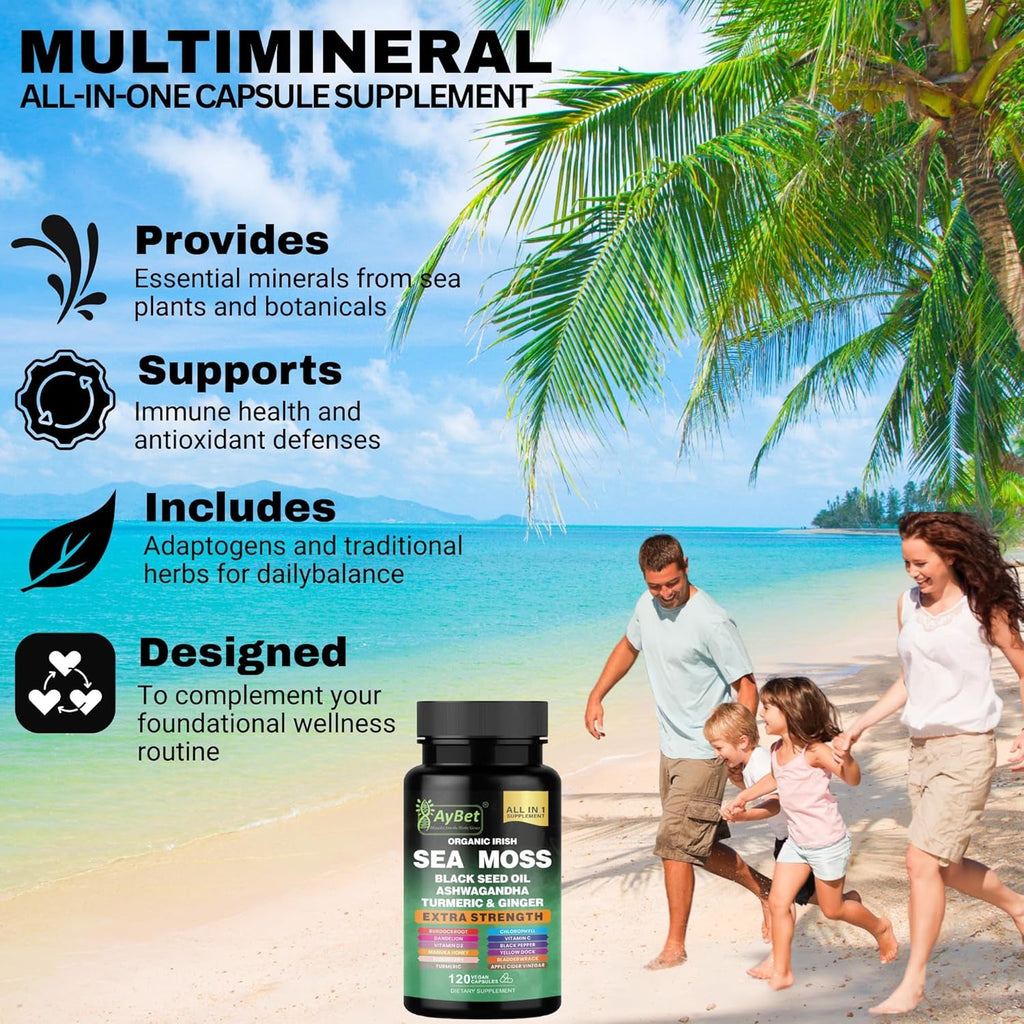 Organic Irish Sea Moss Capsules 120 Count –16 in 1 Sea Moss Supplement with Black Seed Oil, Ashwagandha, Turmeric & Ginger, Bladderwrack & Burdock Root, Vitamin D3 –Organic, Vegan, Halal, Non-Gmo