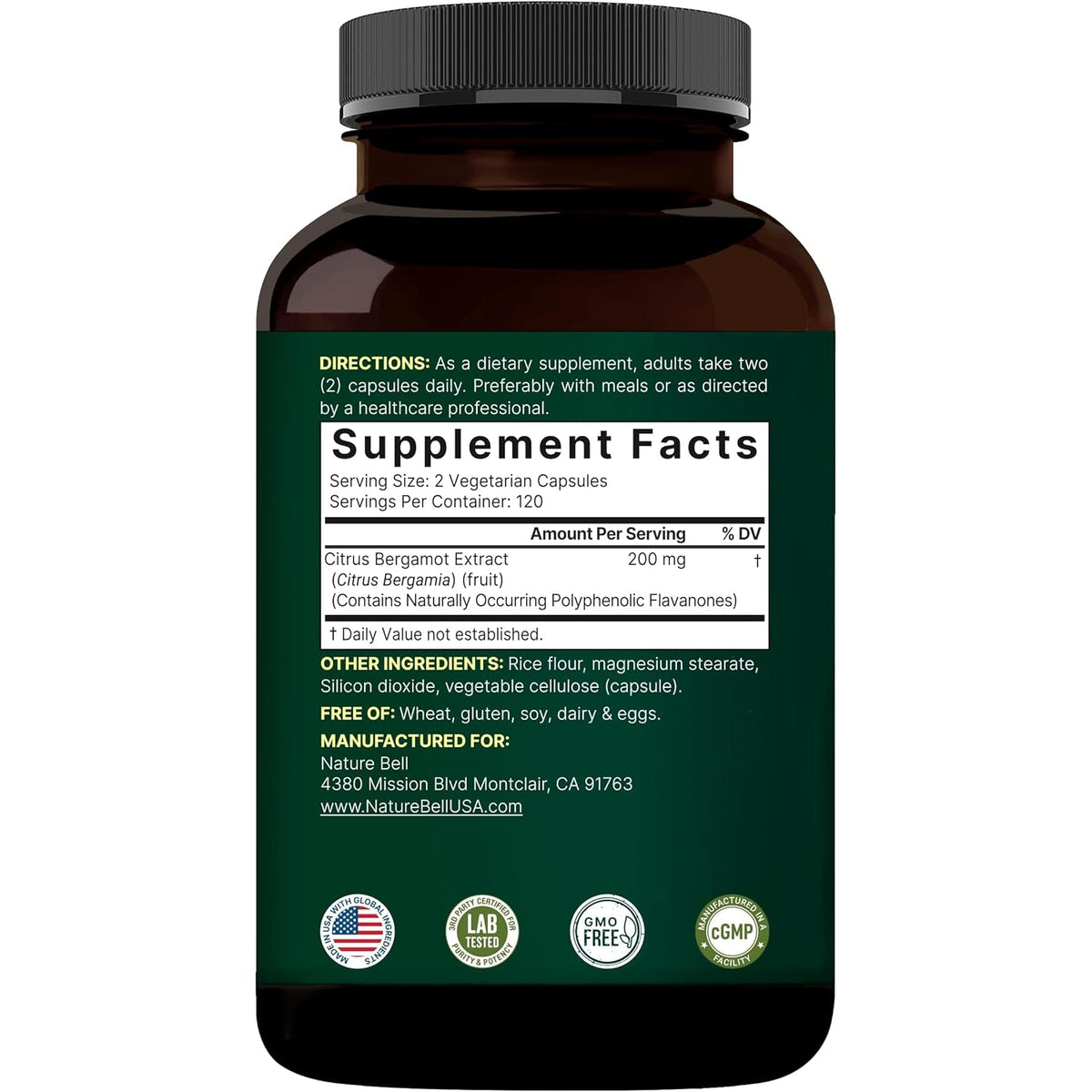 Naturebell Citrus Bergamot, 240 Vegetarian Capsules – Real Fruit Extract with Polyphenolic Flavanones – Non-Gmo, Cgmp Certified