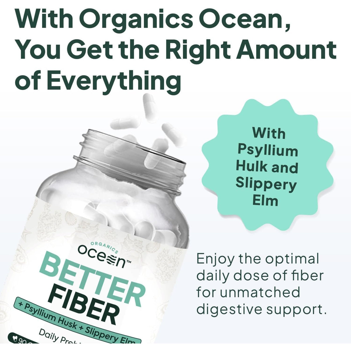 Organics Ocean Better Fiber - Daily Fiber Supplement - Soften Stool for Effortless Bowel Movements - with Psyllium Hulk and Slippery Elm - 90 Capsules