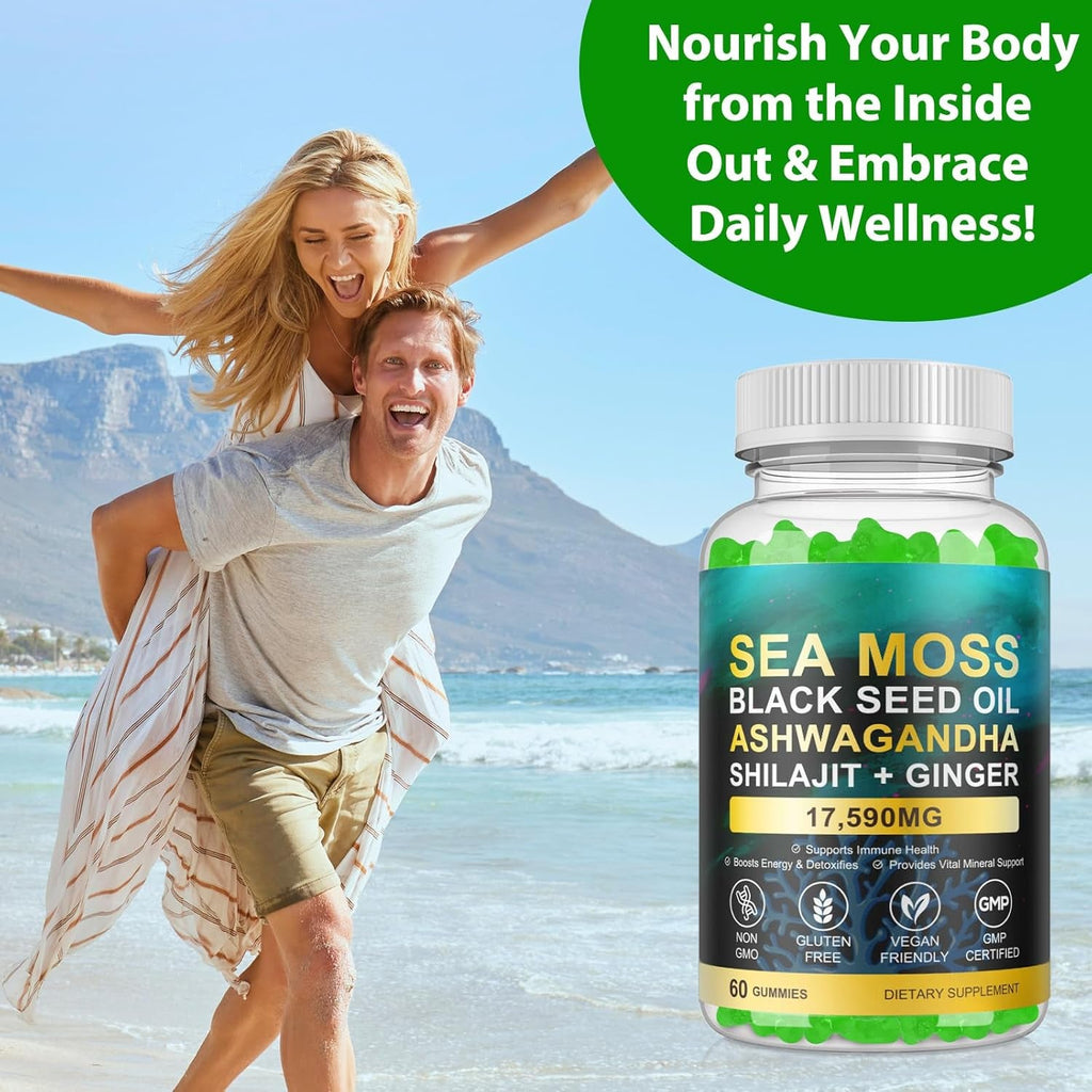 Sea Moss Gummies,With Elderberry Black Seed Oil,Ashwagandha&Ginger,Natural Irish Sea Moss for Immunity & Energy Supplement for Women,Men,Extra Strength,Great Tasting (1 Pack)