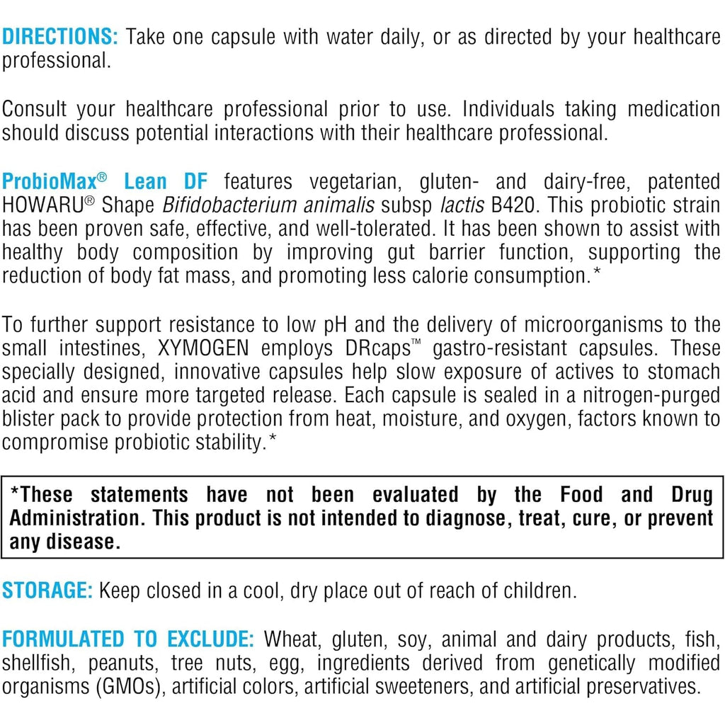 XYMOGEN Probiomax Lean - Probiotic Supplement to Support Gut Barrier Function* - Bifidobacterium Animalis Subsp Lactis B420 - Vegetarian, Non-Gmo & Gluten-Free - 30 Capsules
