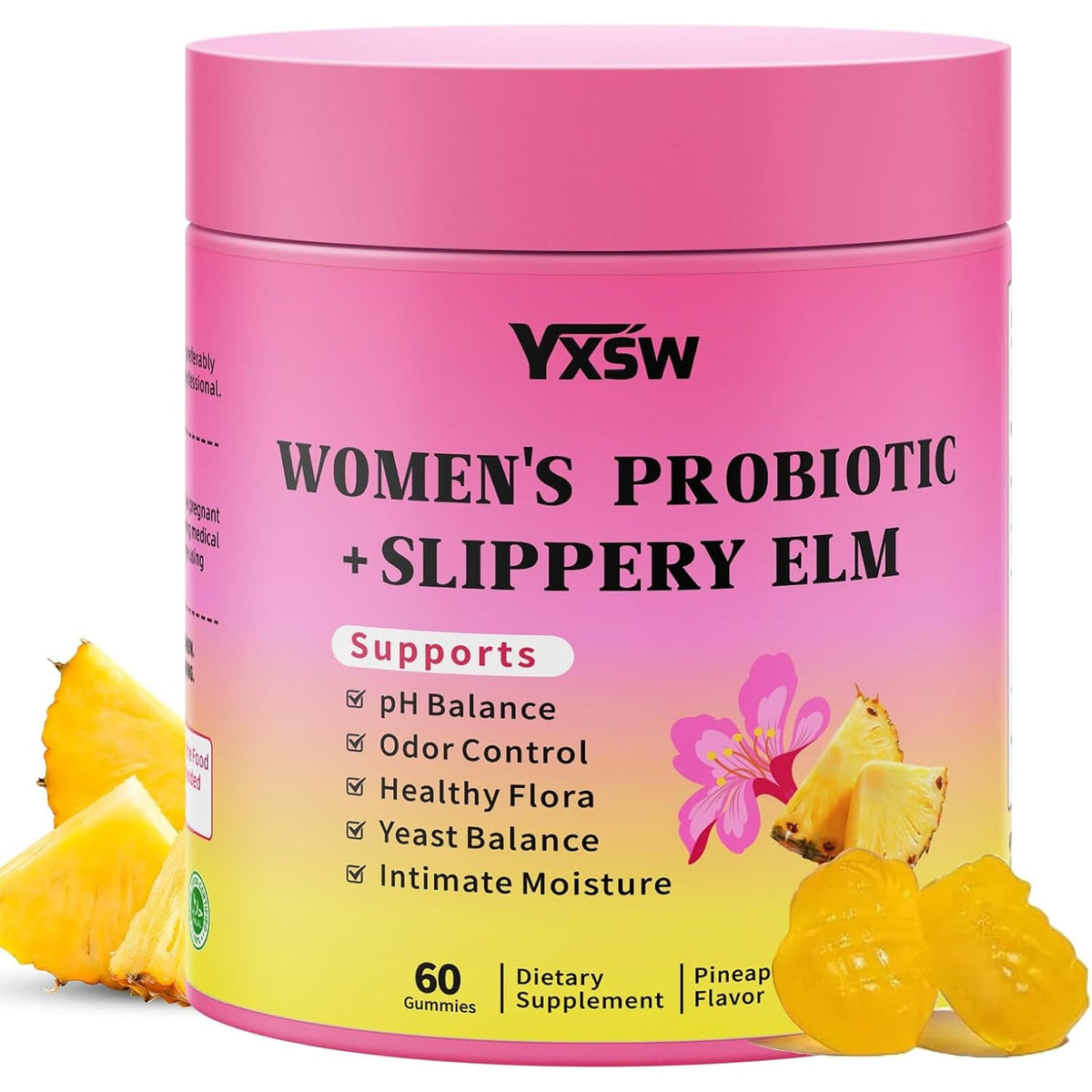 Women'S Probiotics Slippery Elm Gummies, Sugar-Free Feminine Probiotics Gummies Support Ph Balance, Gut Health & Immune System, Pineapple Flavor, 60 Count