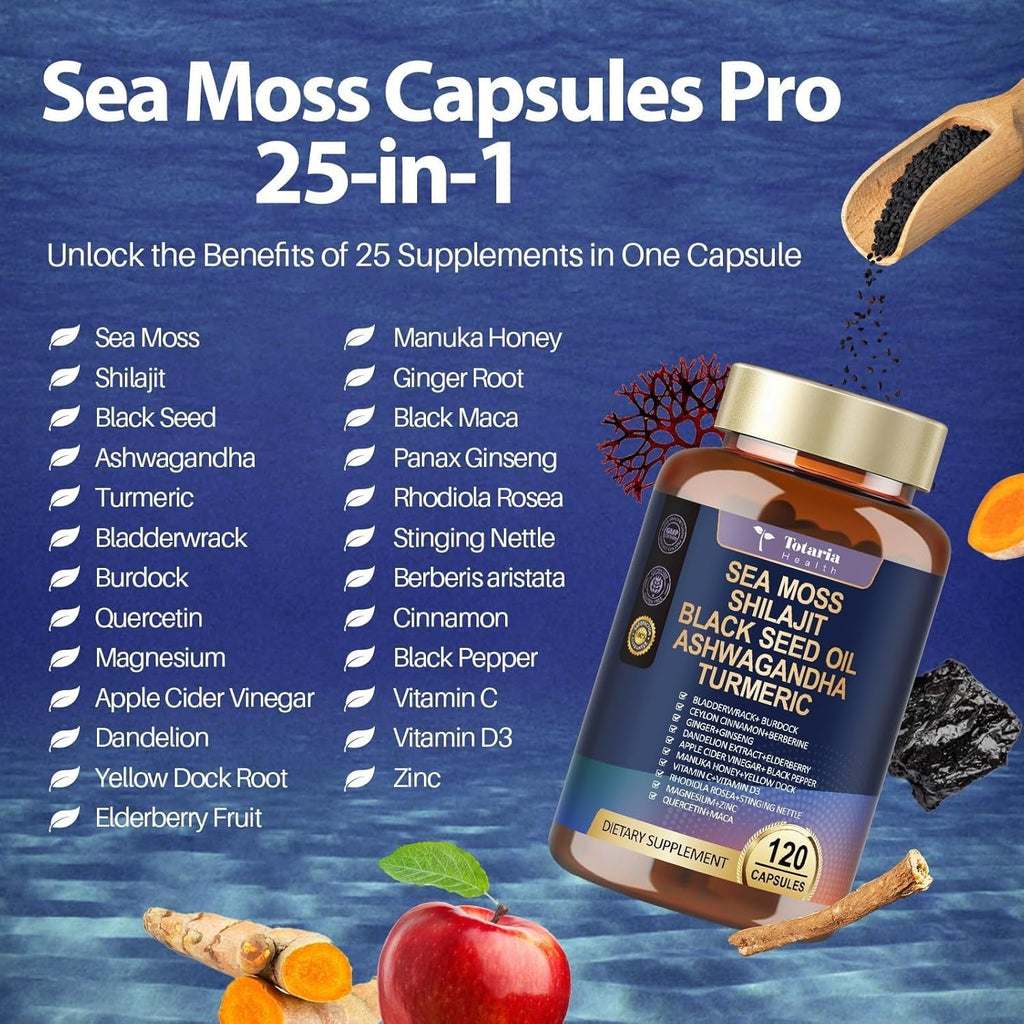 25-In-1 Sea Moss Black Seed Oil Ashwagandha Ginger Shilajit Supplement, Sea Moss Capsules Pro with Bladder Burdock Ceylon Cinnamon Berberine ACV Manuka VIT C & D3 for Men Women, 120 Vegan Caps