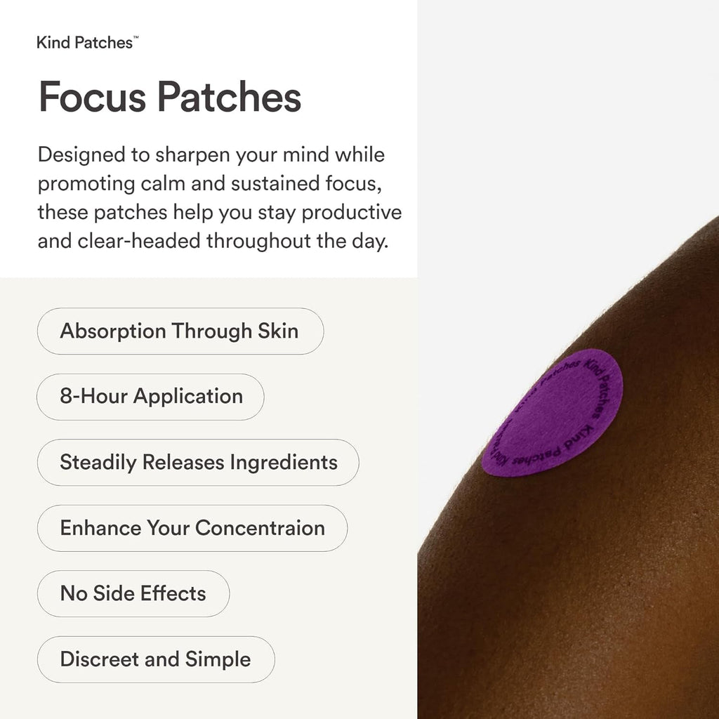Kind Patches Focus Patches - Mental Clarity and Cognitive Performance - Enhance Productivity with Omega 3, Lion'S Mane, L-Theanine, Ginseng - 30 Count