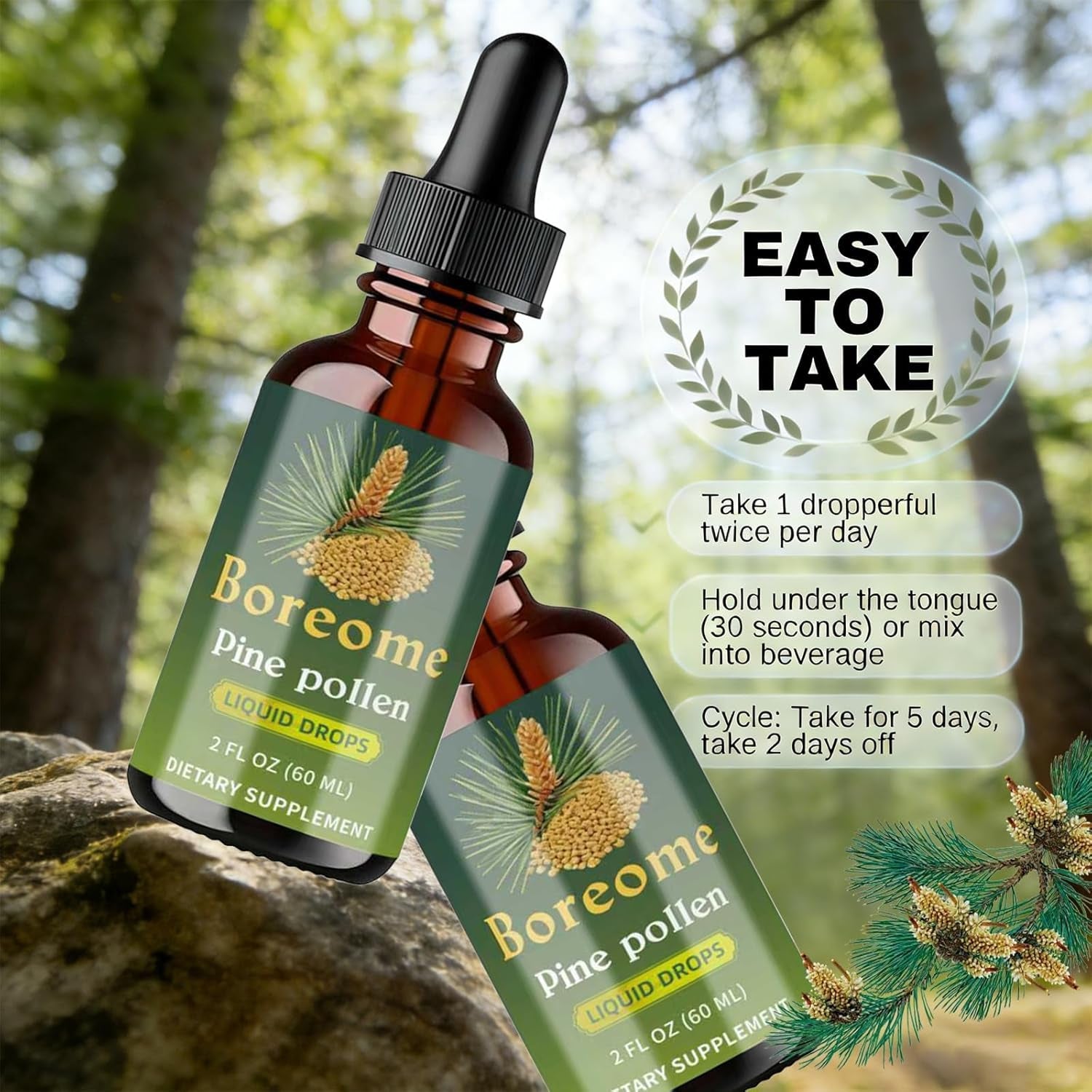 Pine Pollen Tincture - Pine Pollen Powder Liquid Drops for Men & Women - Vegan, Sugar & Alcohol-Free Supplement - 2 Fl Oz
