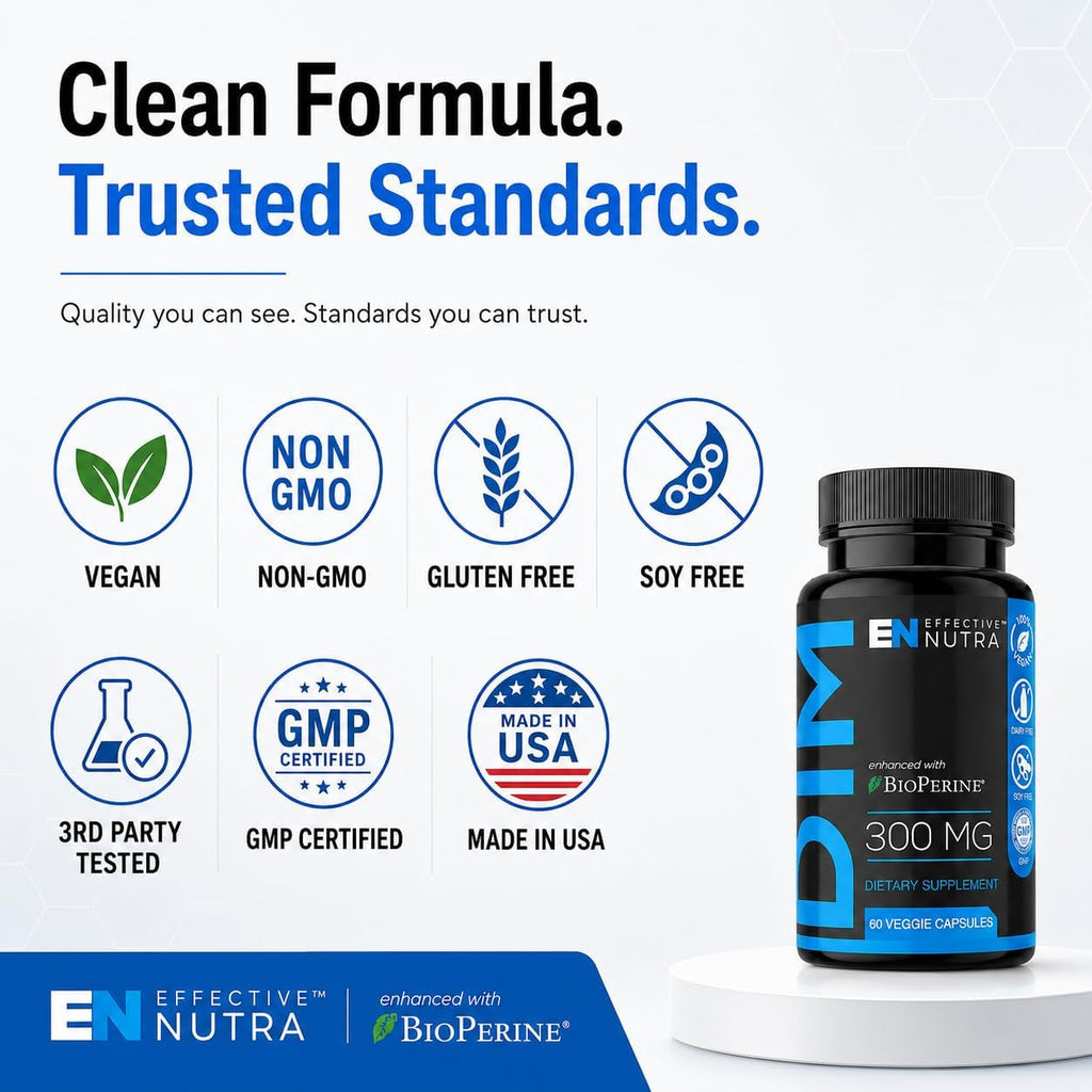 Effective Nutra DIM Supplement 300Mg + Bioperine, Extra Strength Estrogen Blocker for Men & Hormone Balance for Women - Diindolylmethane, Hormonal Acne, Menopause Support - 60 Veggie Capsules
