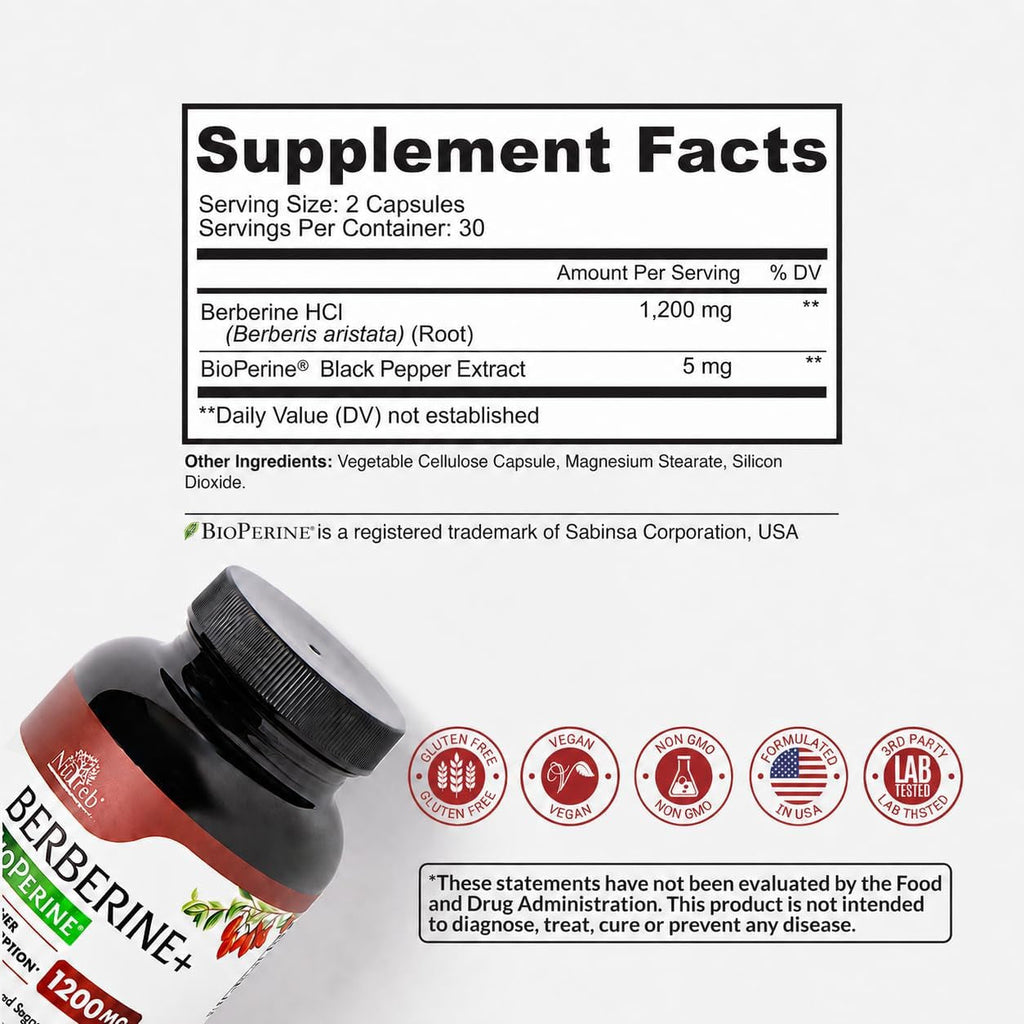 Nutreb Berberine Supplement 1200Mg - 5X Higher Absorption - Ultra Pure 98% Berberine HCL - Healthy Weight Management, Immune Support - Non GMO, Manufactured in USA - 60 Vegan Capsules