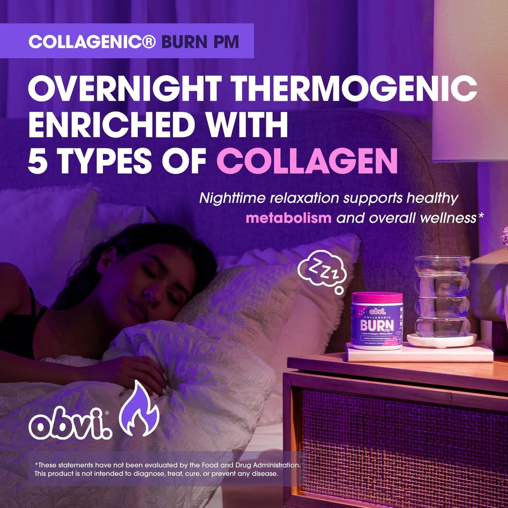 Obvi Collagenic Burn PM | Nighttime Collagen Peptides for Sleep & Recovery | 5 Types Collagen + Ashwagandha, GABA & Melatonin | Capsiburn Metabolic Support | 90 Capsules | Made in USA