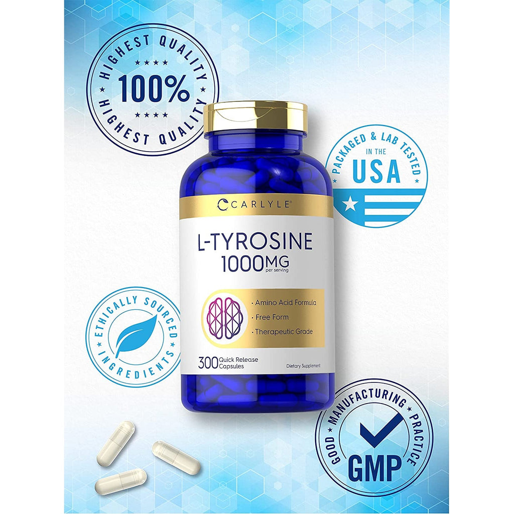 Carlyle L Tyrosine Capsules 1000Mg | 300 Count | Therapeutic Grade | for Men and Women | Non-Gmo & Gluten Free Supplement