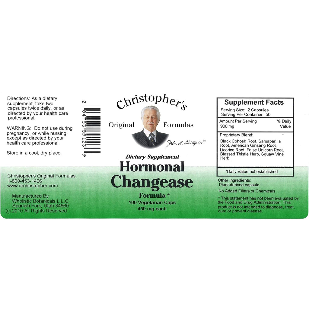Christopher'S Original Formulas Hormonal Changease Formula – 450 Mg – 100 Vegetarian Capsules – Herbal Menopause Support