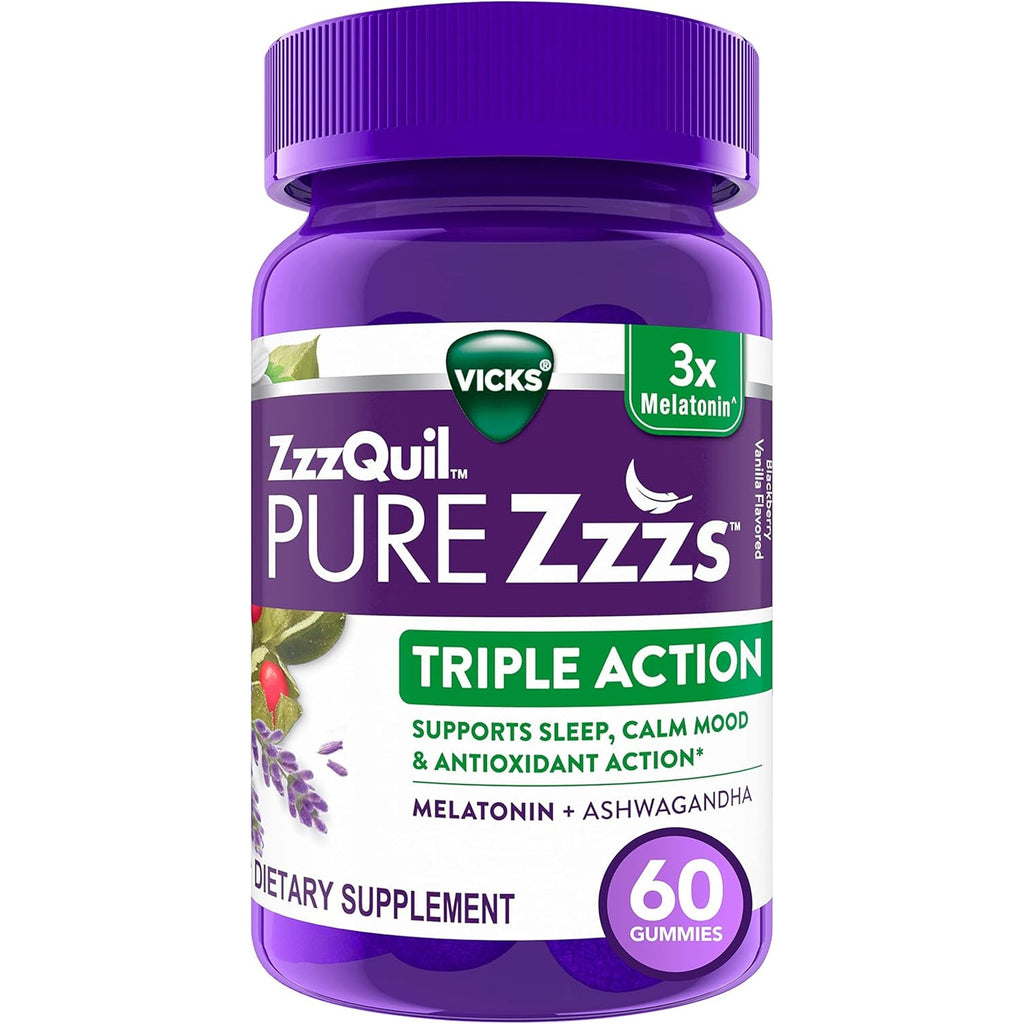 Zzzquil PURE Zzzs Triple Action, Melatonin Gummies, Melatonin 6Mg, 3X Melatonin, Sleep Aid with Ashwagandha, Calm Mood, Antioxidant Action, Sleep Aids for Adults, 60 Sleep Gummies