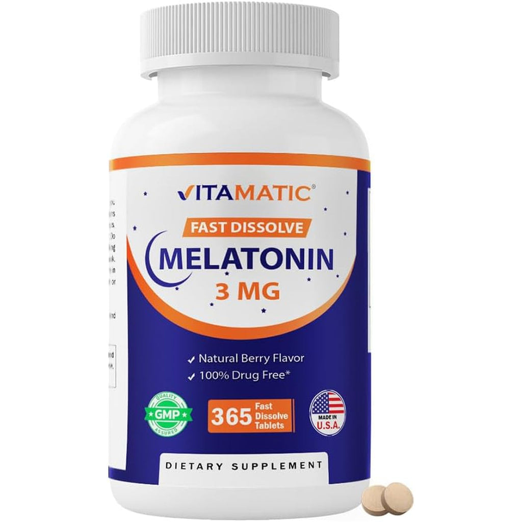 Vitamatic Melatonin 3Mg Tablets | Vegetarian, Non-Gmo, Gluten Free | 1 Year Supply | Natural Berry Flavor - 365 Tablets