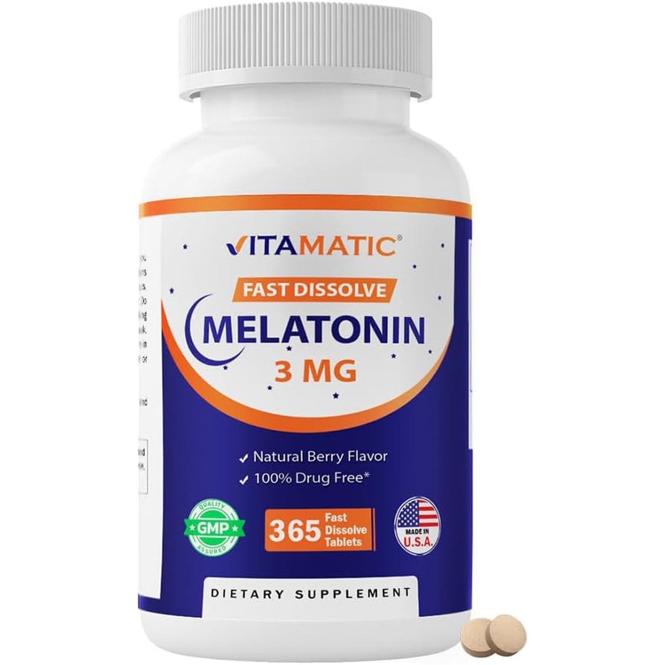 Vitamatic Melatonin 3Mg Tablets | Vegetarian, Non-Gmo, Gluten Free | 1 Year Supply | Natural Berry Flavor - 365 Tablets