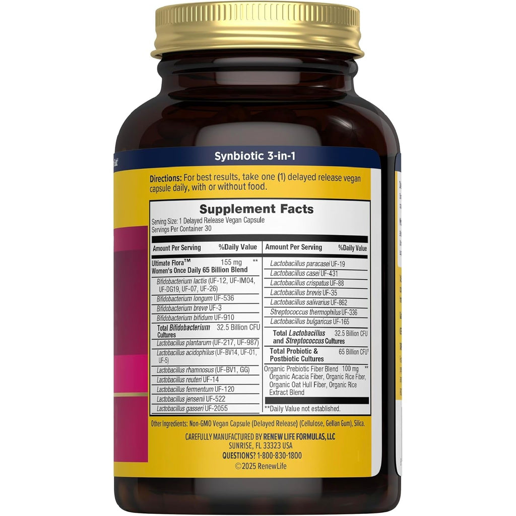 Renew Life Ultimate Flora Probiotics for Women 65 Billion CFU Delayed Release Vegan Capsules | Vaginal | Digestive Health | Immune Health | Dairy Free | 30 Count