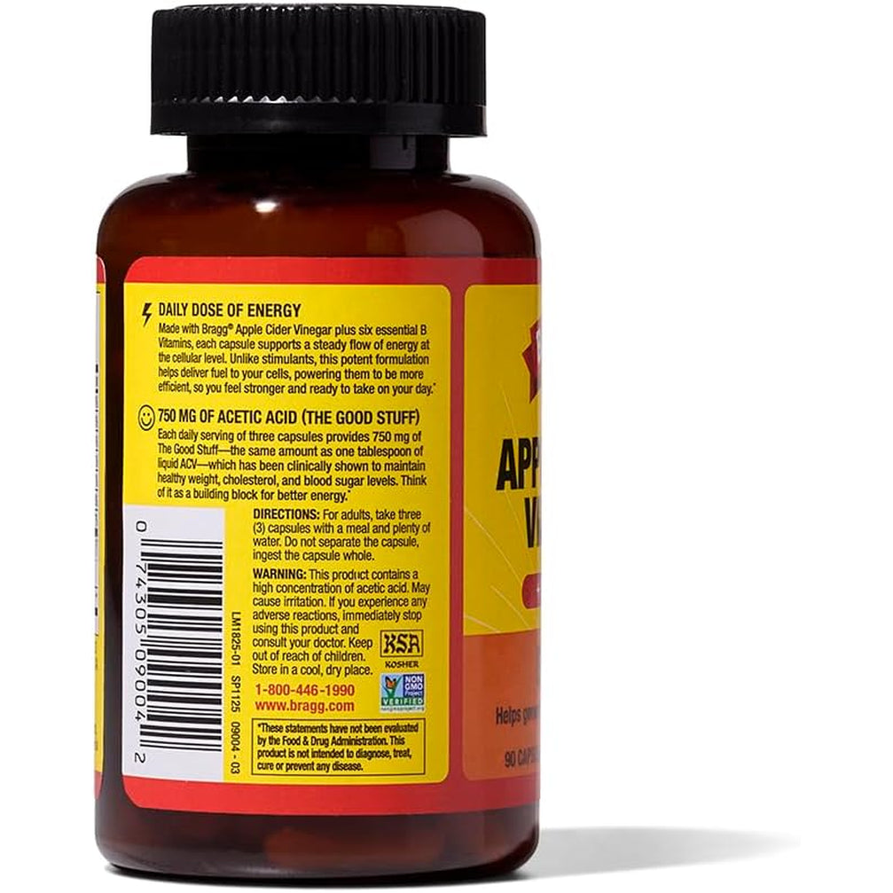 Bragg Energy Apple Cider Vinegar Capsules with B-12 Vitamins - 90 Capsules - Weight Management - Non-Gmo, Vegan, Gluten Free, No Sugar - Helps Generate Energy at Cellular Level for Men and Women