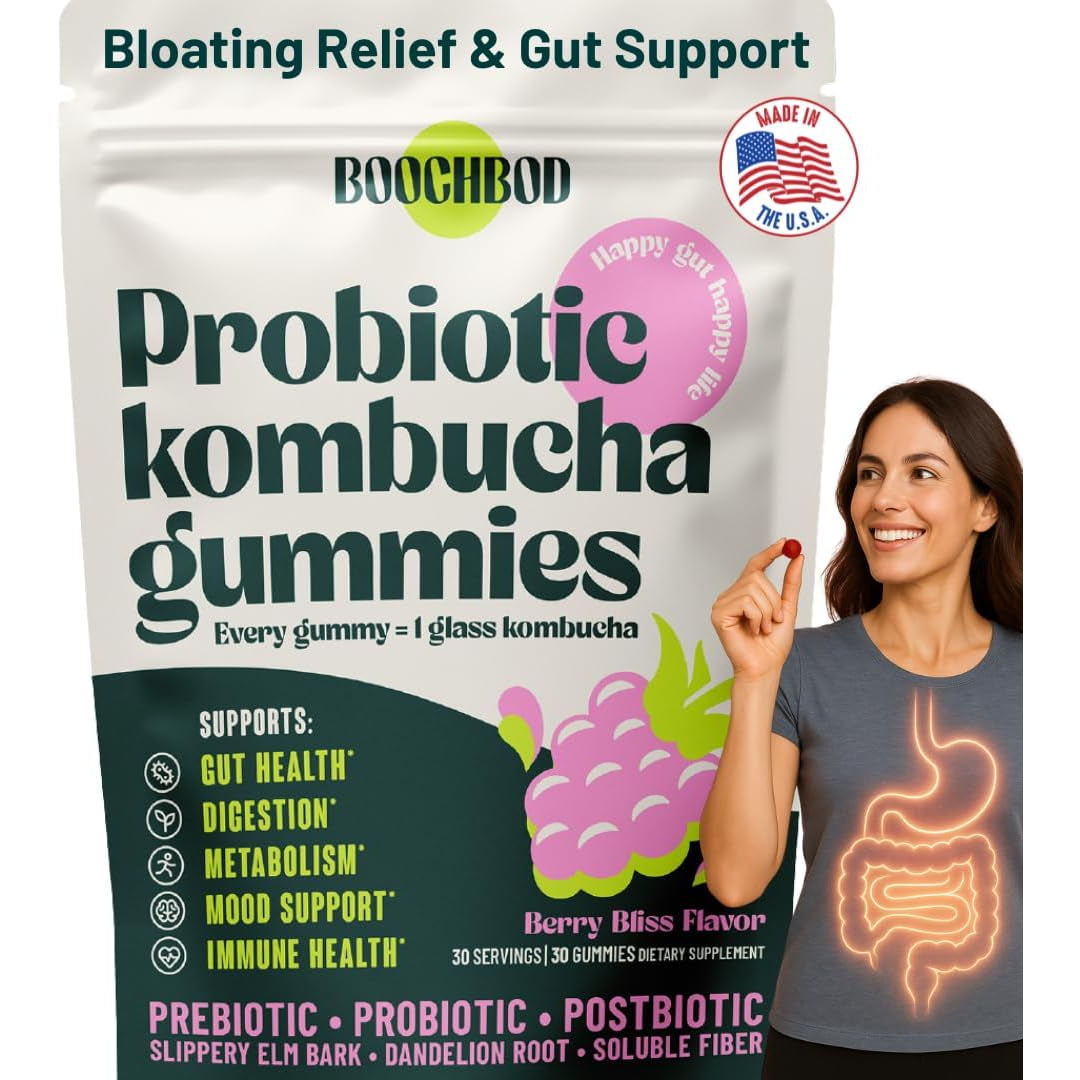 Boochbod - Probiotic Kombucha Gummy - Prebiotics, Probiotics, Postbiotics, Fiber Supplement, Slippery Elm, Dandelion Root, MCT Oil, for Bloating, Gut Health - Probiotics for Women and Men