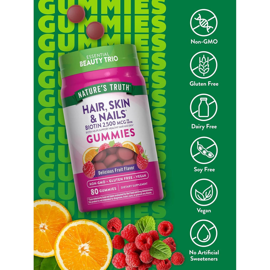 Nature'S Truth Hair Skin and Nails Gummies | 80 Count | 2500Mcg of Biotin | Vegan, Non-Gmo, Gluten Free Supplement | Vitamin for Women & Men