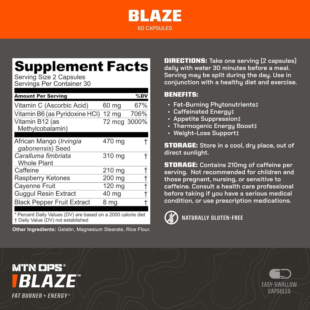 MTN OPS Blaze Fat Burner & Thermogenic Metabolism Booster for Weight Loss, 210Mg of Caffeine per Serving Caffeine Pills for Energy Boost, 30 Servings