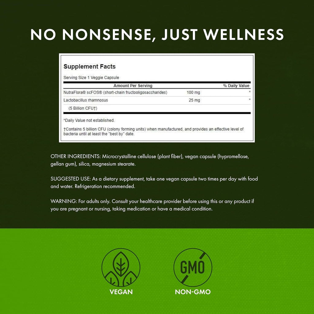 Swanson Lactobacillus Rhamnosus with FOS - 5 Billion CFU - Digestive Health Support with Fructooligosaccharides - Probiotic Support for Gastrointestinal Health* - Vegan - 60 Veggie Caps