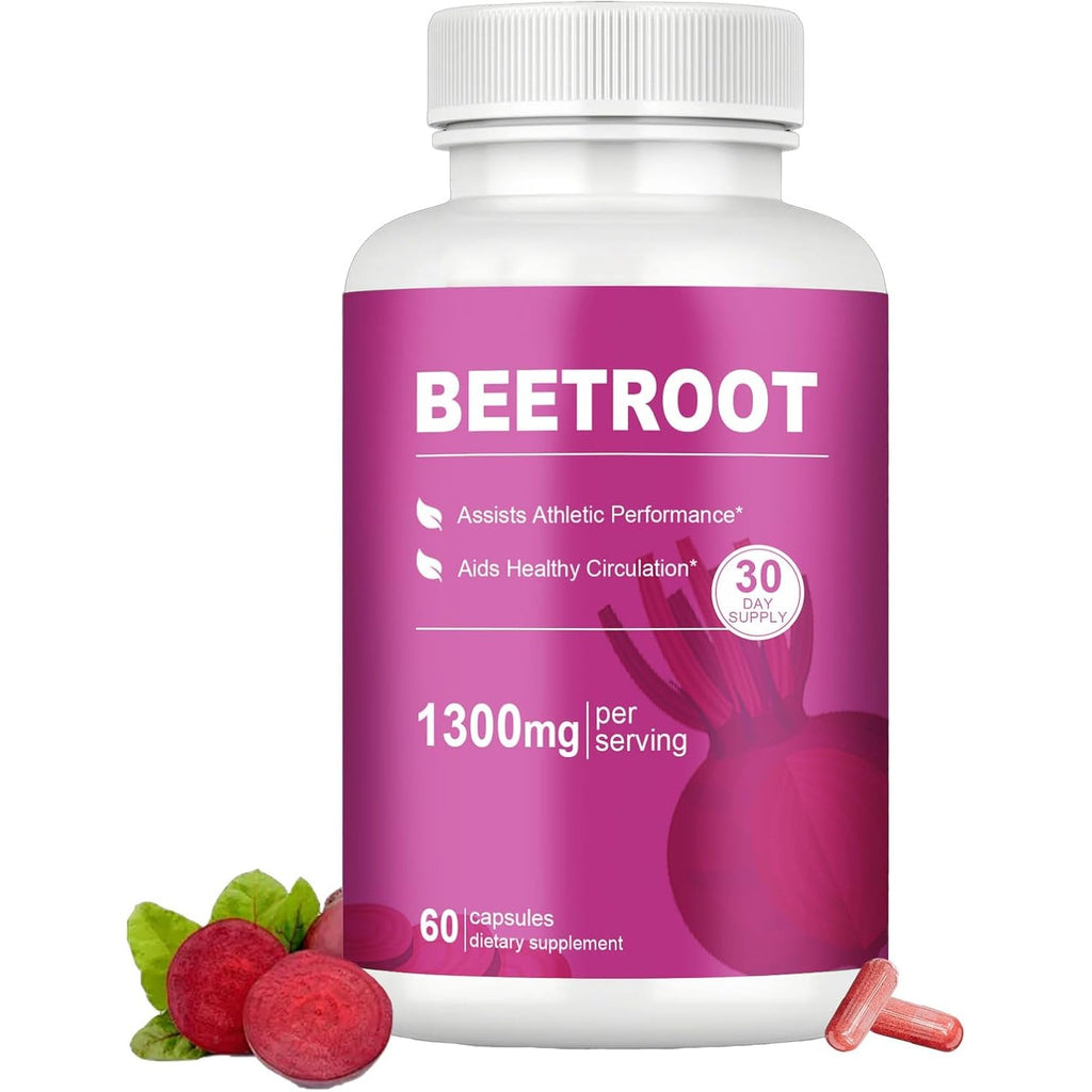 Beet Root Capsules – 1300Mg Beetroot Powder for Natural Energy & Endurance Support, Non-Gmo, 60 Capsules, 30-Day Supply (1Pc)