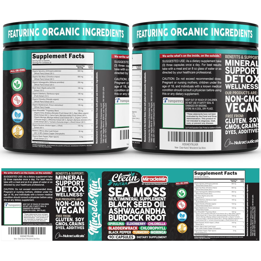 Clean Nutra Organic Sea Moss Capsules with Ashwagandha, Black Seed Oil, Burdock Root, Bladderwrack, Moringa, Chlorella, Spirulina, Turmeric, Elderberry, Amla � 90 Vegan Capsules � Miraclemin