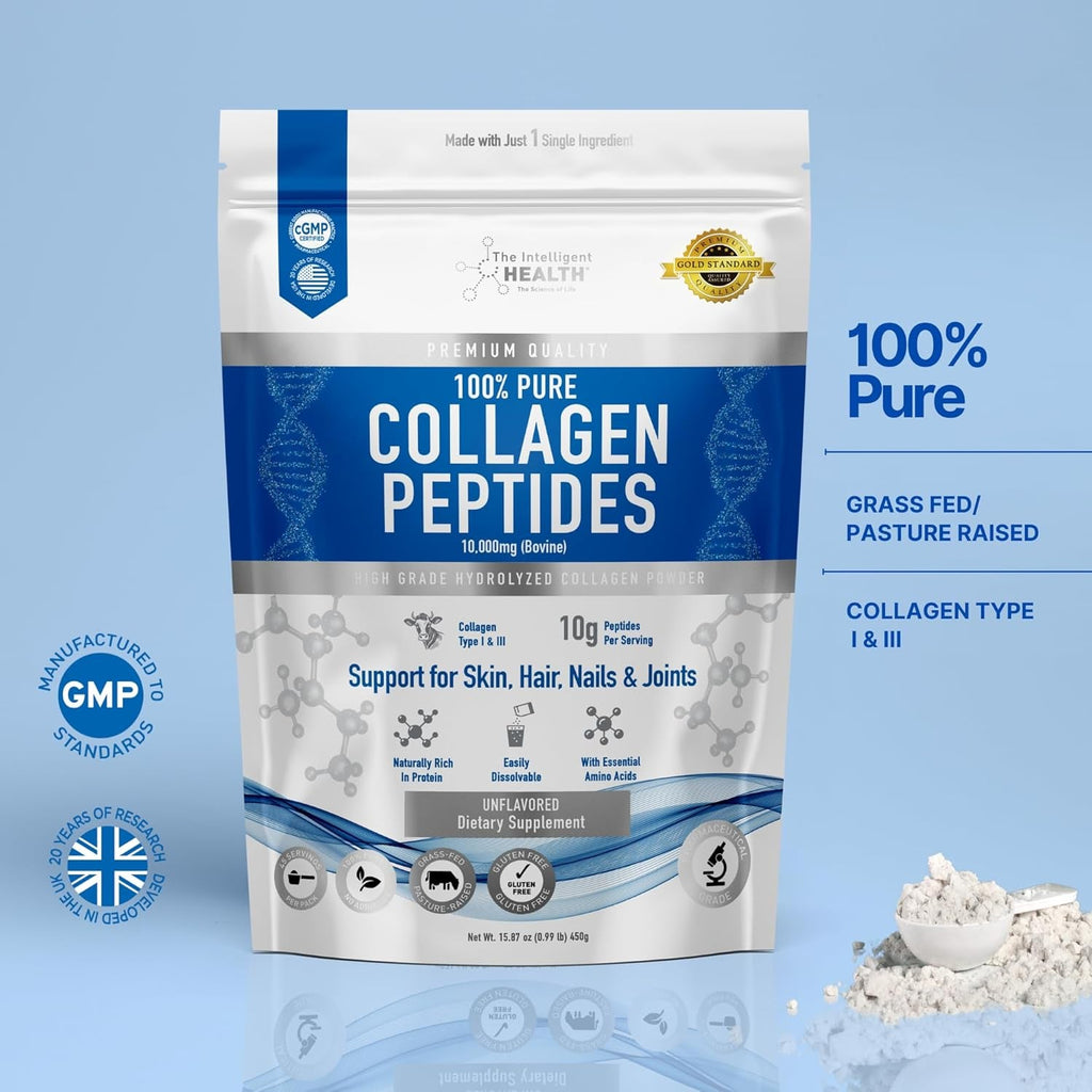 The Intelligent Health Collagen Peptides Powder, 45 Servings, Hydrolyzed Collagen, Type I & III, Grass Fed, Unflavored, Gluten Free, Keto/Paleo, 10G Servings, 15.9 Oz, Skin Support, Hair, Nail, Joints