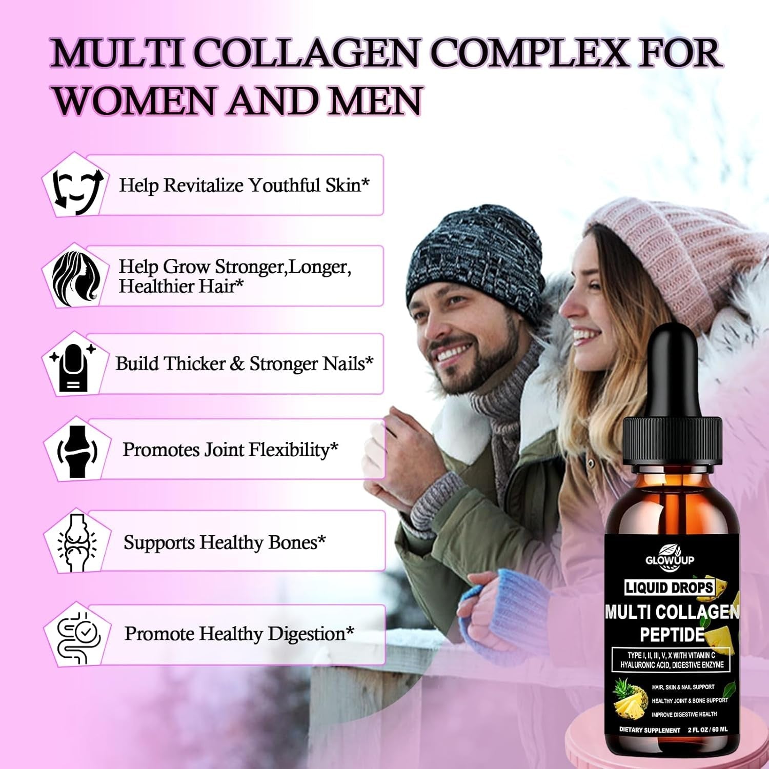 Multi Collagen Peptides Liquid Drops for Women & Men-Type I, II, III, V, X丨Hydrolyzed Collagen Peptides, Collagen Proteins W. Hyaluronic Acid, Biotin & Vitamin C for Hair Skin & Joint Gut Health